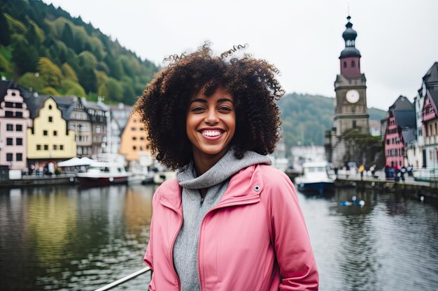 Une femme noire heureuse en Europe