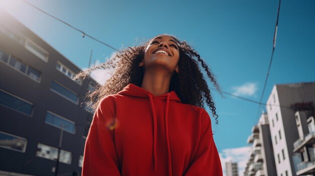 Photo une femme noire heureuse et souriante avec des cheveux afro portant un pull rouge se tient dans la rue contre le ciel bleu