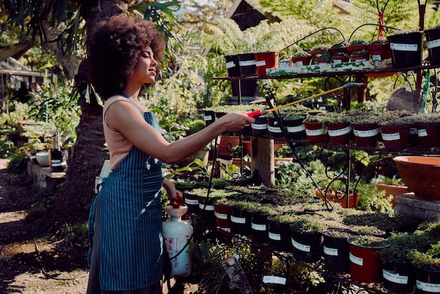 Une femme noire jardine et pulvérise des pesticides pour la végétation des plantes et contre les insectes en plein air Une fille et une jardinière afro-américaine respectueuses de l'environnement utilisent un liquide pour éliminer les espèces nuisibles et protéger la croissance