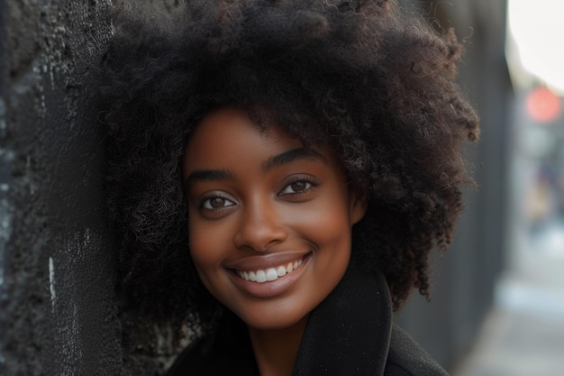 Une femme noire joyeuse avec un afro volumineux sourit brillamment en regardant la caméra appuyée contre un mur noir de la ville Concept d'attitude positive