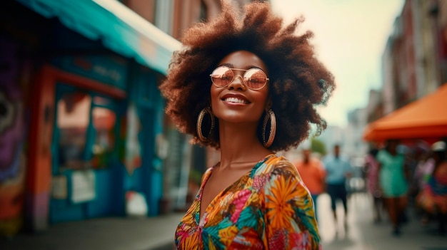 Photo une femme noire joyeuse dans la rue ai générative