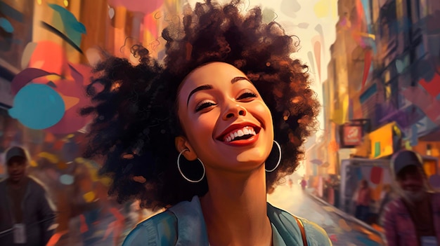 Une femme noire joyeuse dans la rue AI générative