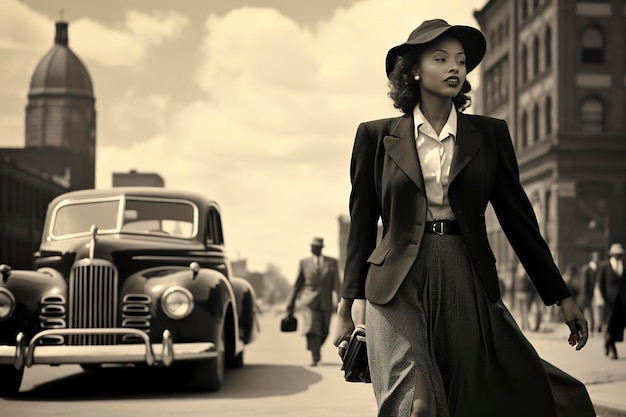 Photo femme noire marchant pour la ville de détroit en 1950 monochromatique