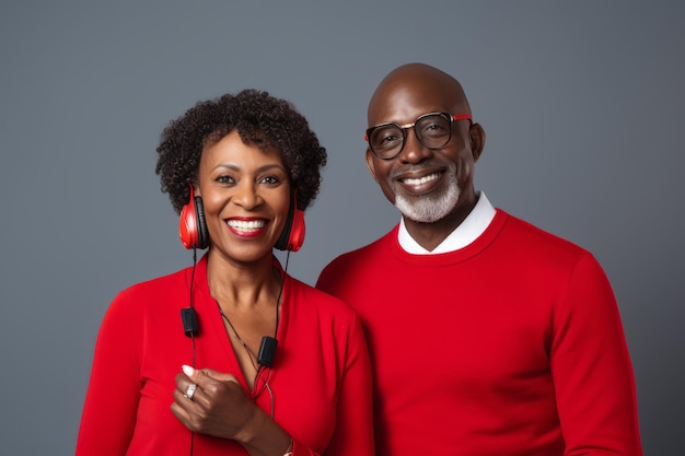 Une femme noire mature attrayante et un homme noir avec un téléphone sur fond coloré de studio