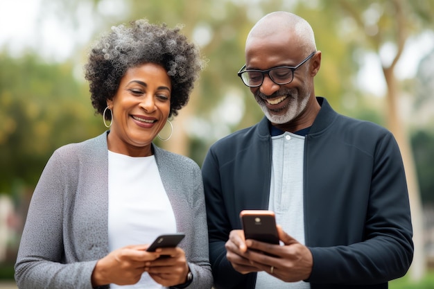 Une femme noire mature attrayante et un homme noir avec un téléphone sur fond coloré de studio