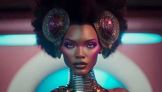 femme noire à la mode avec maquillage et vêtements futuristes