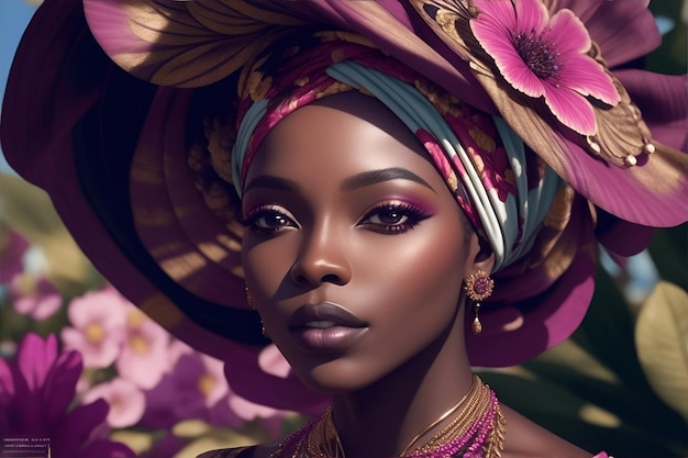 Femme noire en mode turban africain sur fond de fleur AI générative