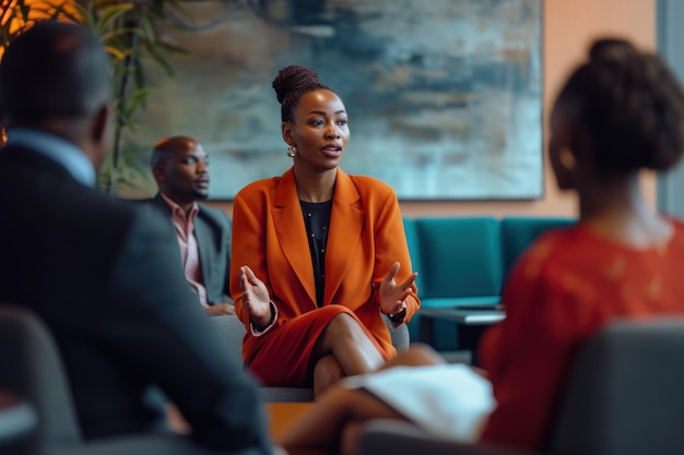 une femme noire de peau noire professionnelle dans une suite de bureau de luxe s'adressant à un groupe