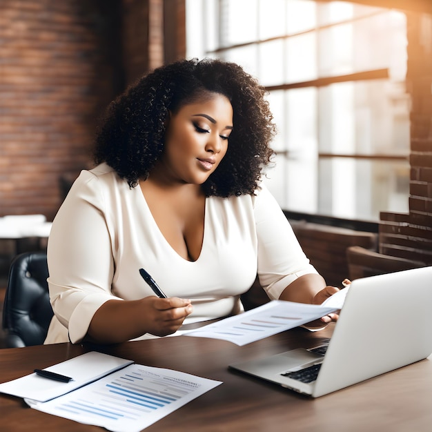 Une femme noire plus grande révise les rapports financiers.