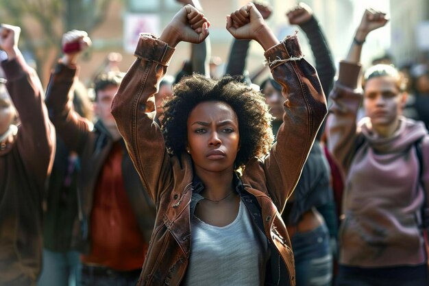 Photo une femme noire avec les poings serrés au-dessus
