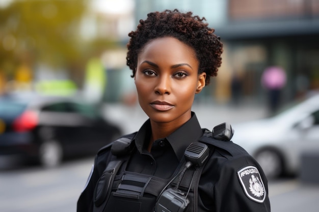 Une femme noire de la police et des armes croisées dans la ville pour la protection de l'application de la loi ou la sécurité dans la rue