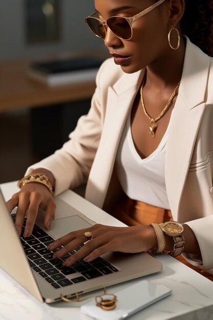 Une femme noire portant des bijoux en or et un costume blanc tapant sur un ordinateur portable