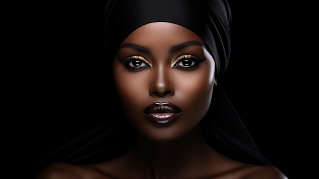 Une femme noire radiante avec du maquillage et un foulard