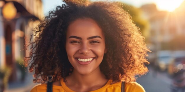 Une femme noire rayonnante déborde d'une beauté authentique et d'un charisme captivant avec son sourire joyeux.