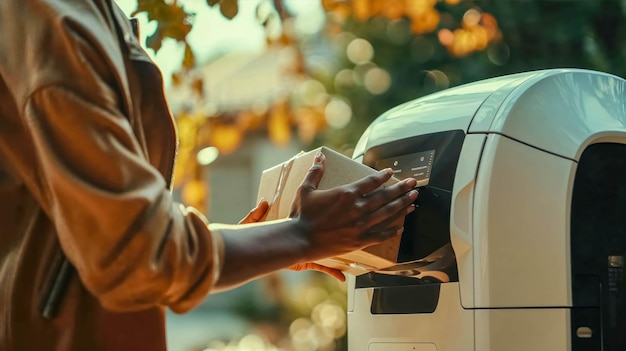 Photo femme noire récupérant un colis d'un robot de livraison futuriste future of delivery
