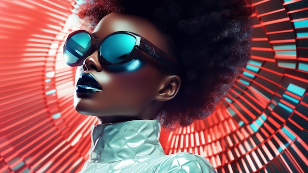 Une femme noire rétro futuriste portant des lunettes de soleil une fille de mode pop art futuriste avec un passé incroyable