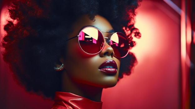 Une femme noire rétro futuriste portant des lunettes de soleil une fille de mode pop art futuriste avec un passé incroyable