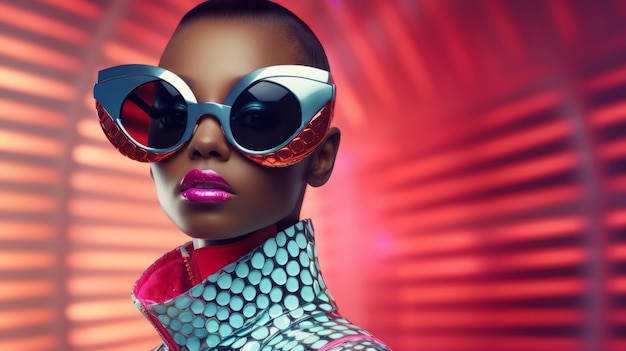 Une femme noire rétro futuriste portant des lunettes de soleil une fille de mode pop art futuriste avec un passé incroyable