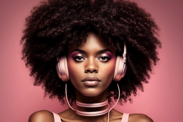 Femme noire rêveuse avec des cheveux afro et un casque sur fond rose ai générative