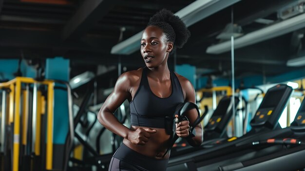 Une femme noire s'entraîne à courir au gymnase.