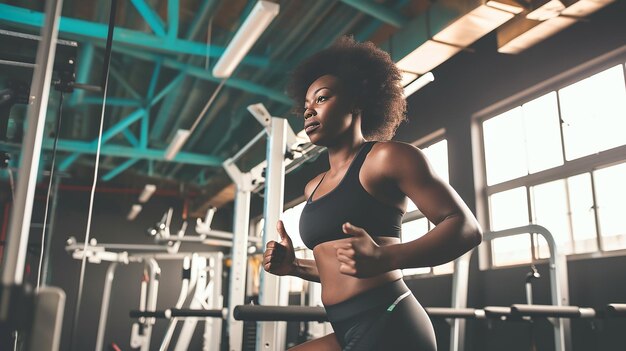 Une femme noire s'entraîne à courir au gymnase.