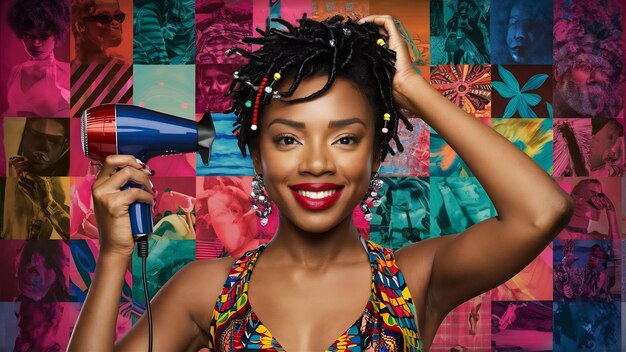 Photo une femme noire avec un sèche-cheveux.