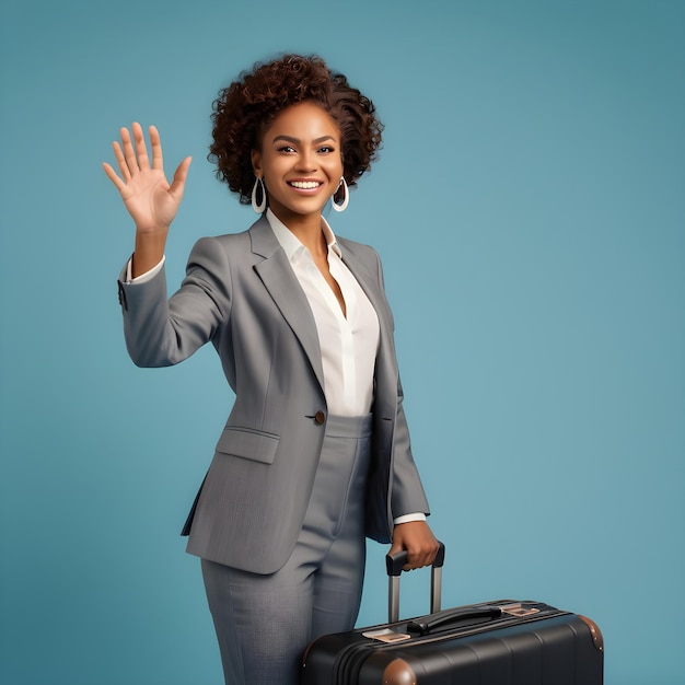 Une femme noire séduisante souriante avec sa valise de voyage.