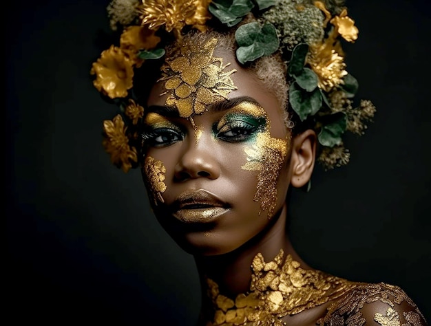 Femme noire sensuelle posant avec un abstrait peint sur son visage et son corps AI générative