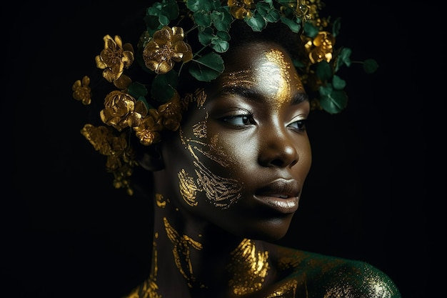 Femme noire sensuelle posant avec un abstrait peint sur son visage et son corps AI générative