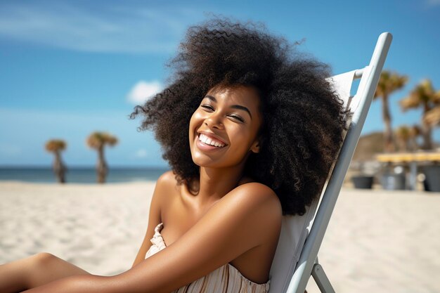 une femme noire souriante assise sur une chaise sur la plage