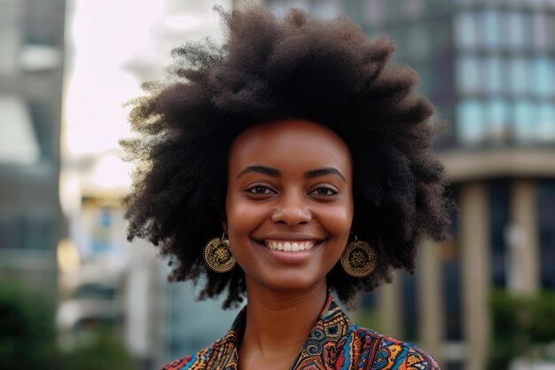 Une femme noire souriante avec une coiffure afro sur un fond urbain