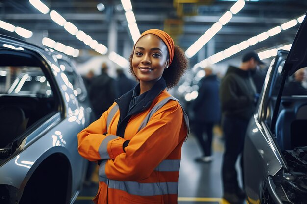 Une femme noire souriante dans une voiture d'usine.