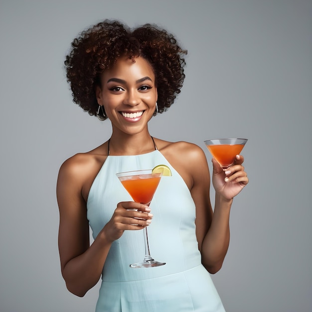 Une femme noire souriante debout en train de siroter un verre de cocktail.