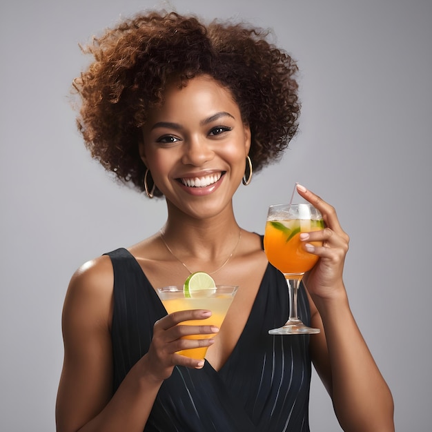 Une femme noire souriante debout en train de siroter un verre de cocktail.