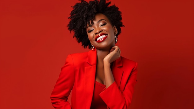 Femme noire souriante et regardant la caméra tout en portant un costume rouge sur fond rouge