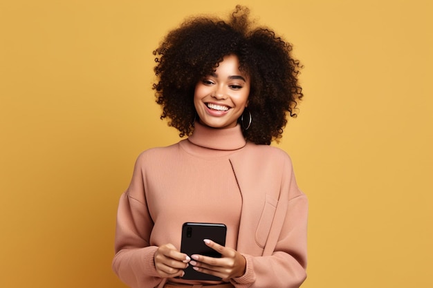 Femme noire avec un téléphone en arrière-plan du studio