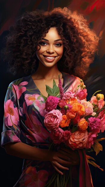 Femme noire tenant un magasin de fleurs bouquet de fleurs