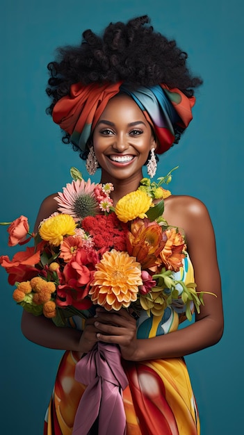 Femme noire tenant un magasin de fleurs bouquet de fleurs