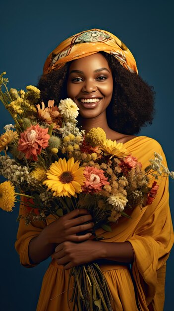 Femme noire tenant un magasin de fleurs bouquet de fleurs