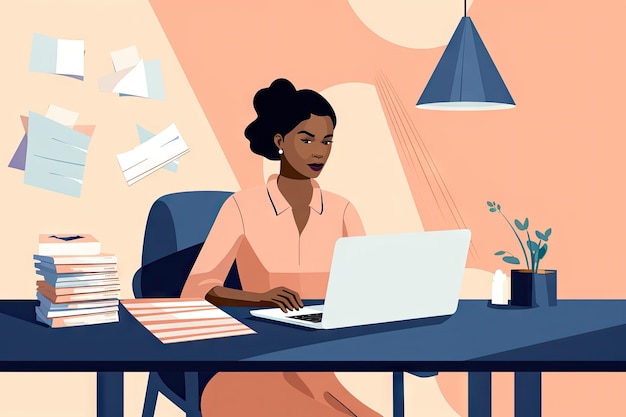 Photo femme noire travaillant sur un ordinateur portable assise à la table du caféjoyeuse pigiste ou femme de bureau travail à distance
