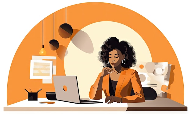 Femme noire travaillant sur un ordinateur portable assise à la table du caféJoyeuse pigiste ou femme de bureau travail à distance
