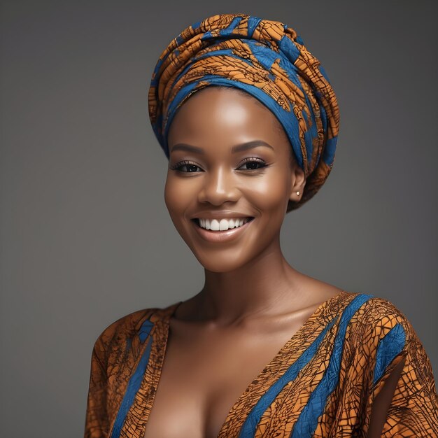 Une femme noire très belle souriante, un défilé de mode de style africain, fond plat.