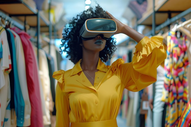 Photo une femme noire utilisant un casque de réalité virtuelle pour faire du shopping en ligne, parcourant des robes élégantes et
