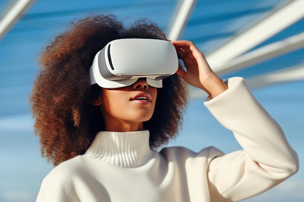 Une femme noire utilisant la VR pour faire des achats en ligne parcourant des articles de vêtements élégants eCommerce eShopping eStore produits Shopping concept en ligne