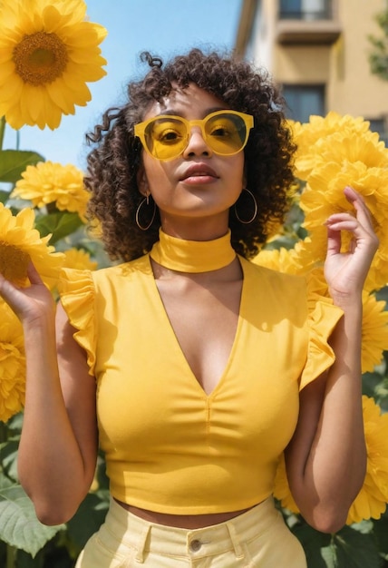 Une femme noire d'une vingtaine d'années avec des cheveux bouclés et des lunettes de soleil jaunes.