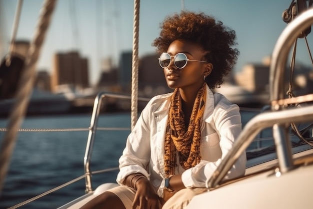 Femme noire sur yacht profitant du voyage en mer