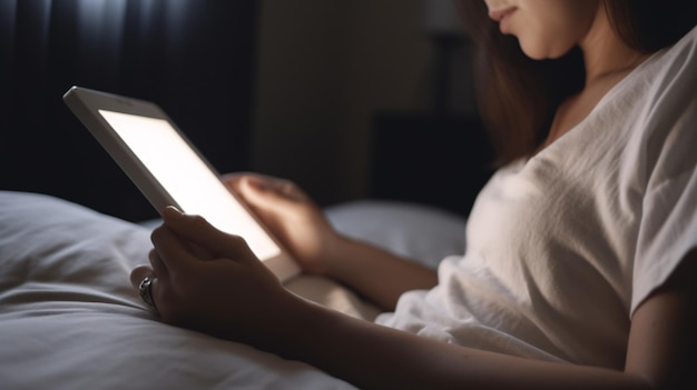 Femme nomade numérique en chemise blanche à l'aide d'un ordinateur tablette sur le lit dans une pièce sombre IA générative