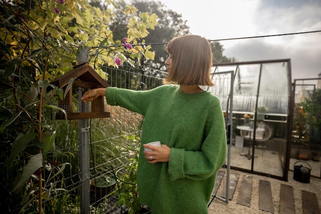 Femme nourrir les oiseaux dans la cour