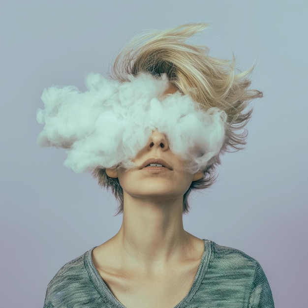 femme avec un nuage couvrant son visage généré par un arrière-plan ai