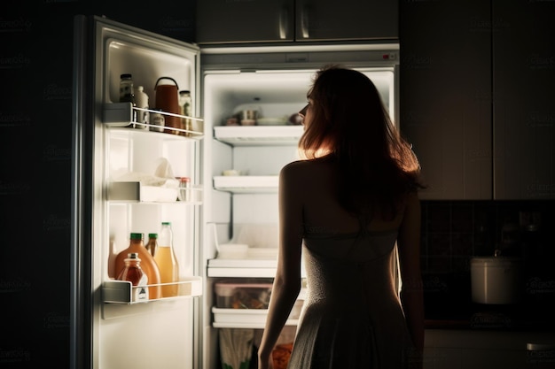 Femme nuit frigo ouvert nourriture chambre collation Générer Ai